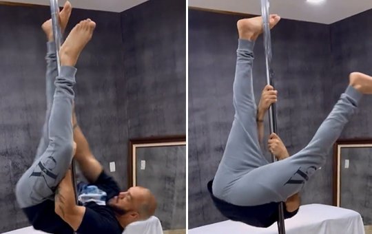 Vídeo: Belo arrisca no pole dance e Gracyanne elogia: ‘Canta e dança. Tudão!’