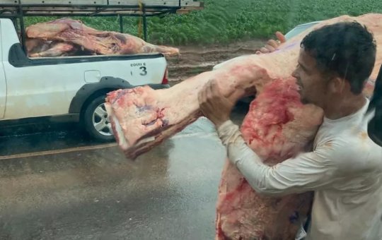 Vídeo: caminhão tomba e carne é saqueada na Bahia