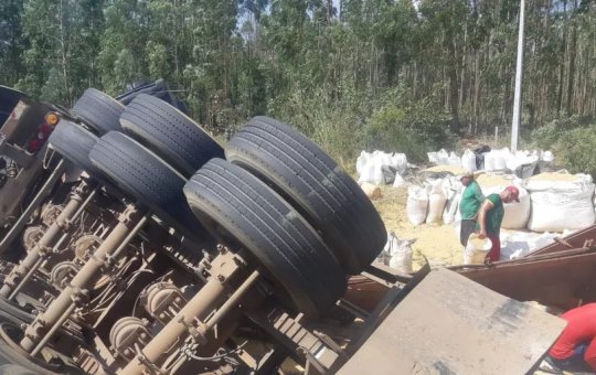 Carreta carregada de soja tomba na BR-242, no oeste da Bahia