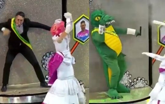 ‘Falso Bolsonaro’ toma vacina e vira jacaré durante desfile em São Paulo