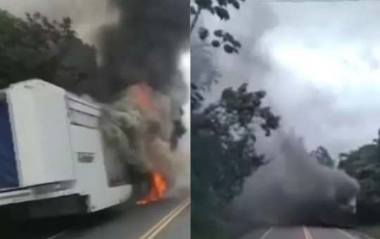 Trio elétrico que seguia para micareta em Santa Luzia pega fogo na estrada