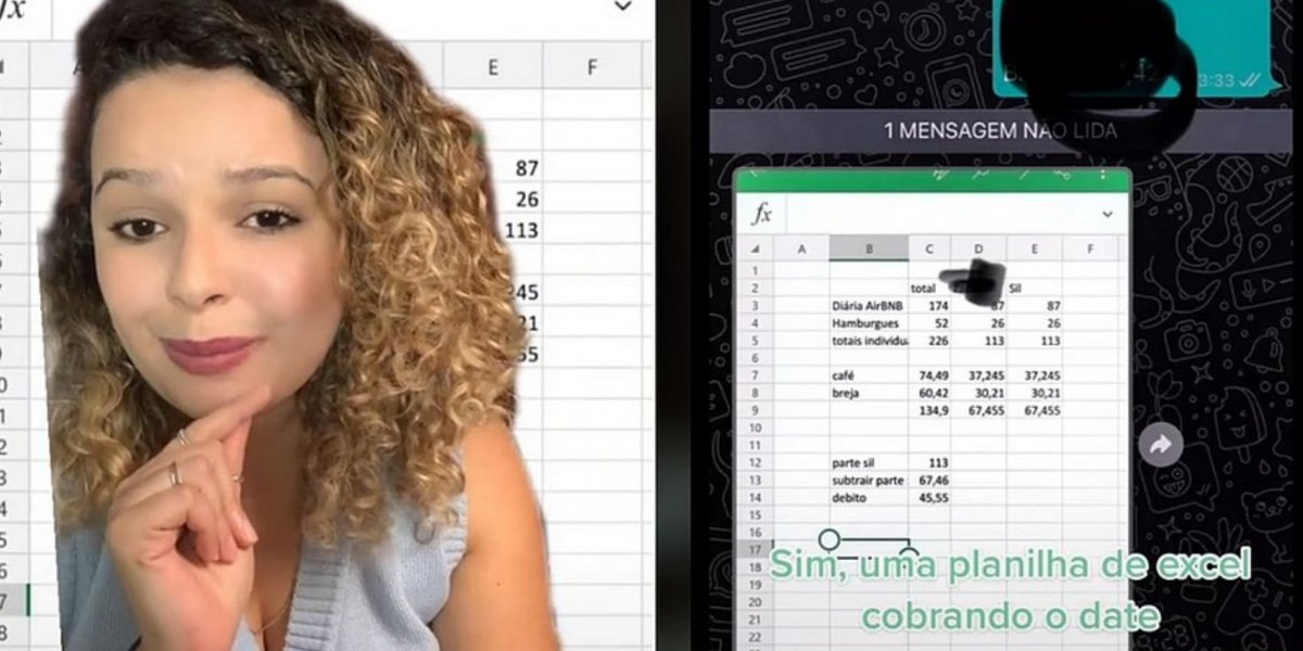 Mulher recebe planilha no Excel cobrando os gastos do primeiro encontro