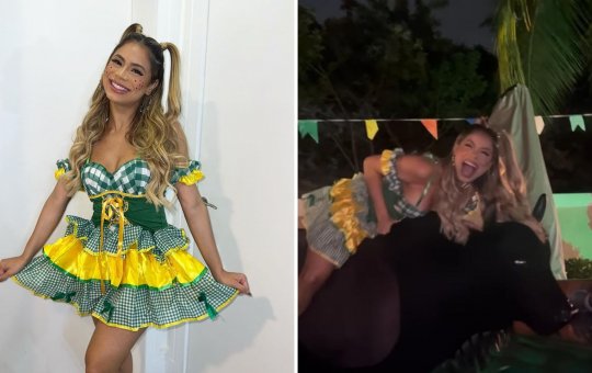 Com vestido curto, Lexa mostra demais na festa junina de Anitta