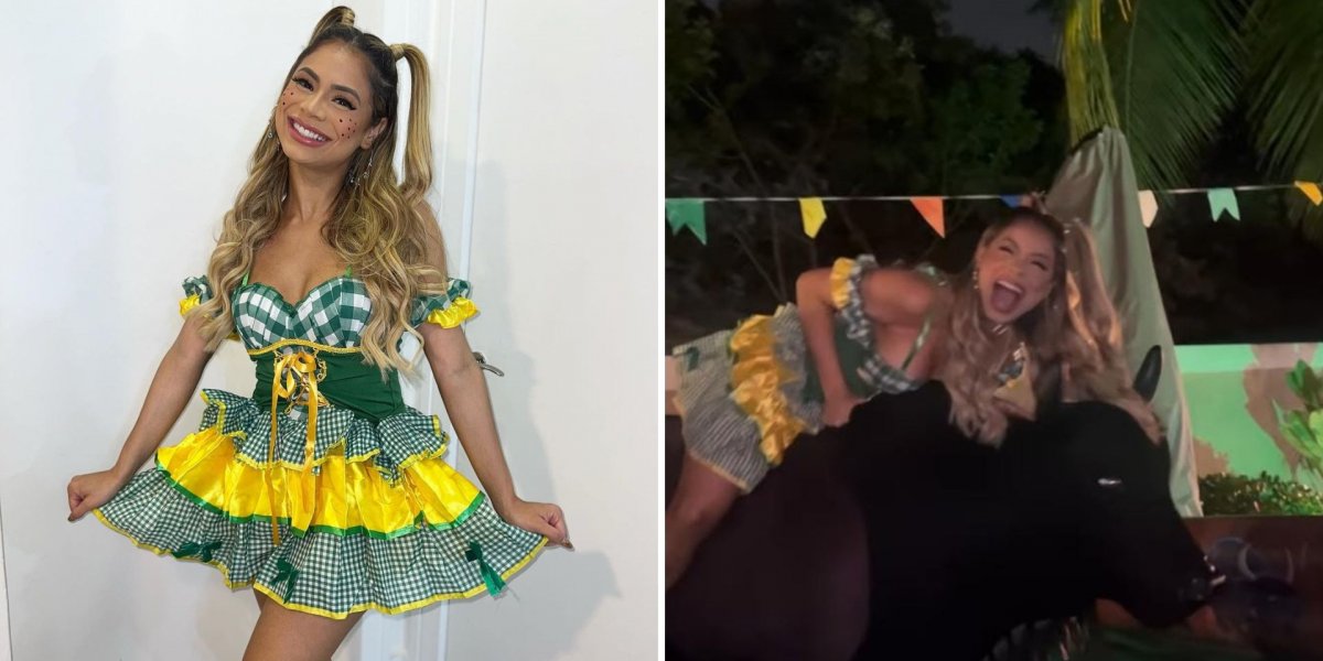 Com vestido curto, Lexa mostra demais na festa junina de Anitta