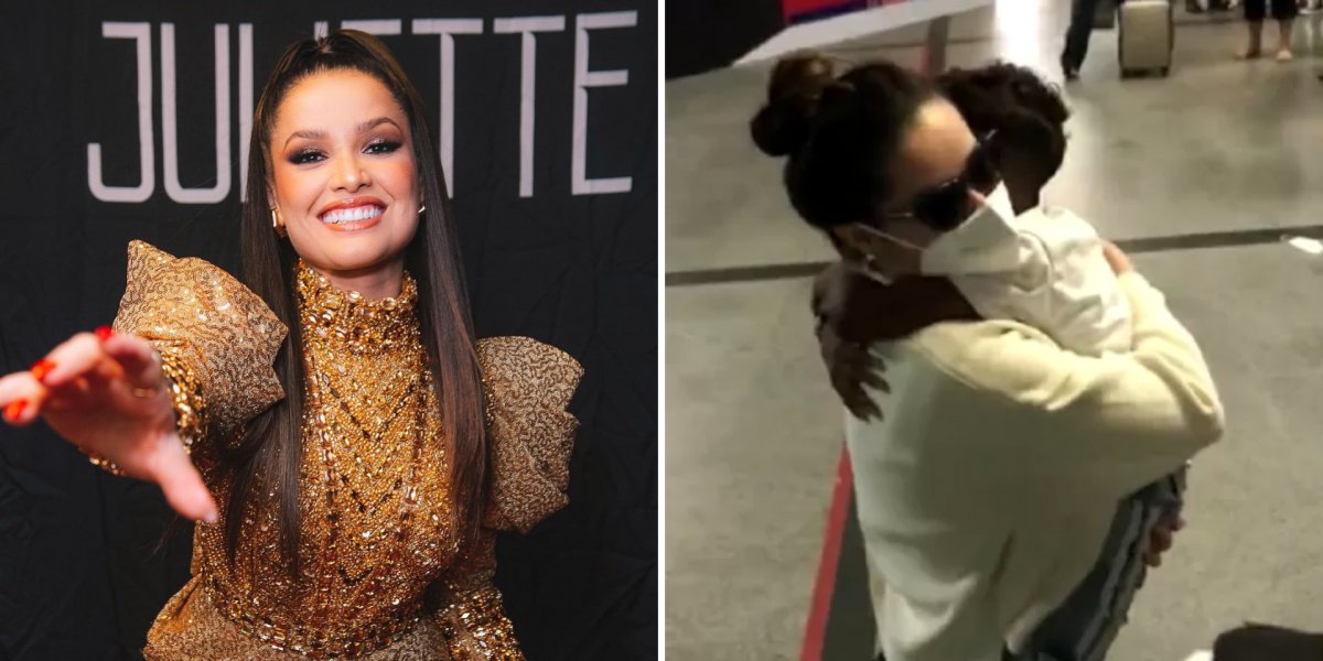Juliette corre com criança no colo em aeroporto e brinca: ‘Meu nome é Nazaré’