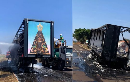 Imagem de Nossa Senhora fica intacta após incêndio destruir carreta