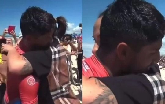 Climão: Gabriel Medina ganha abraço em público da mãe, mas reage com frieza