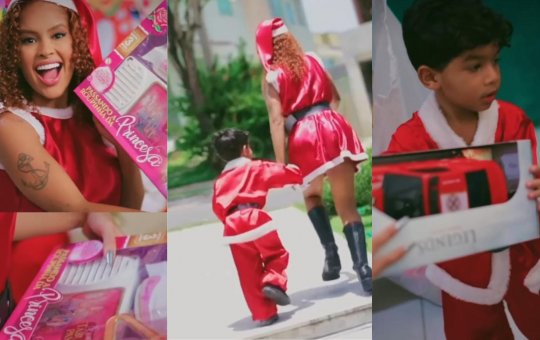 Ao lado do filho, Sthe Matos faz doações a ONG de Salvador