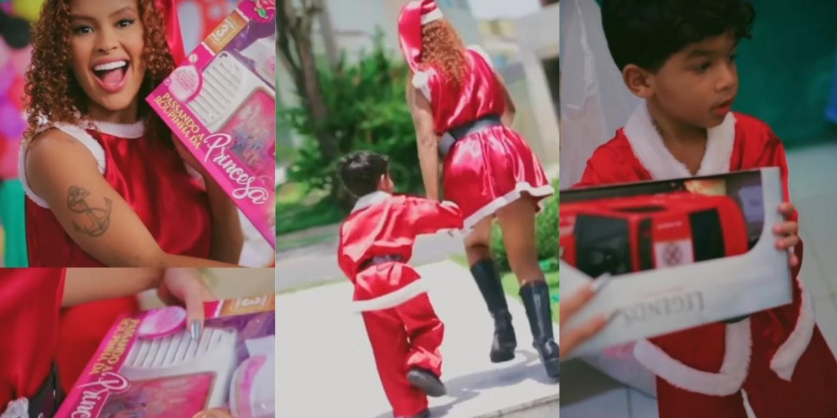 Ao lado do filho, Sthe Matos faz doações a ONG de Salvador