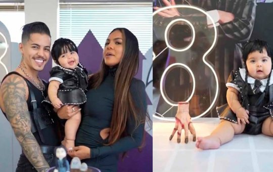 Tays Reis e MC Biel encantam seguidores ao fantasiarem a filha de ‘Wandinha’