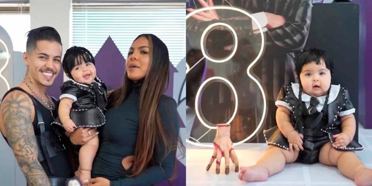 Tays Reis e MC Biel encantam seguidores ao fantasiarem a filha de ‘Wandinha’