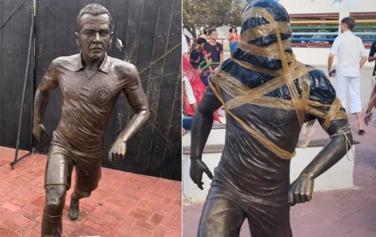 Estátua em homenagem a Daniel Alves é vandalizada com sacos e fitas na BA