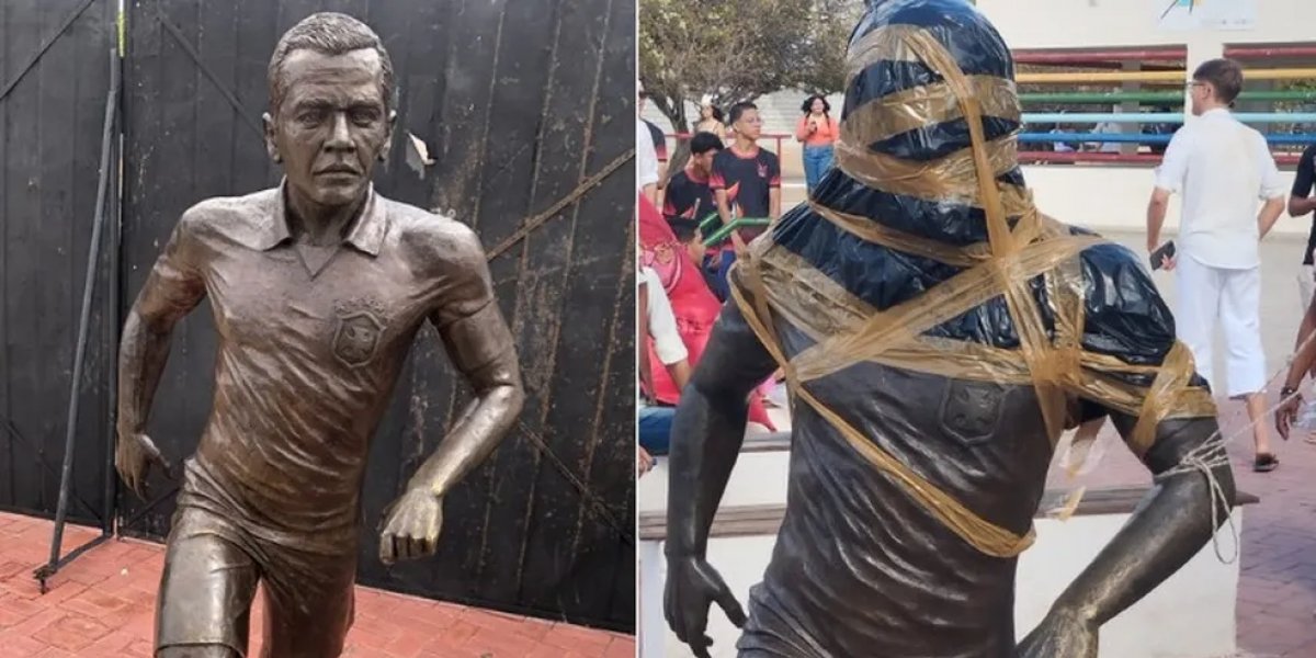 Estátua em homenagem a Daniel Alves é vandalizada com sacos e fitas na BA