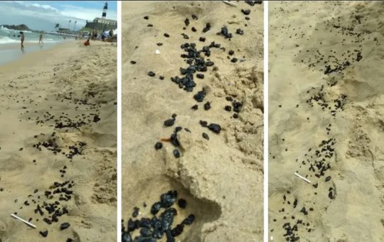 Praia da Barra amanhece com manchas de óleo na areia