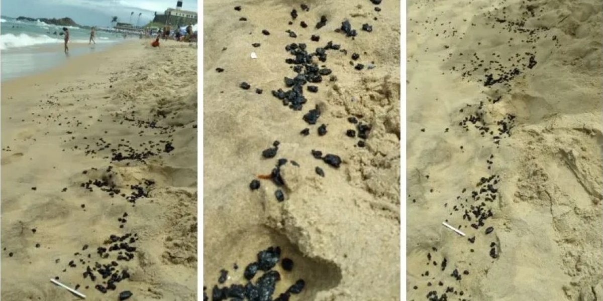 Praia da Barra amanhece com manchas de óleo na areia