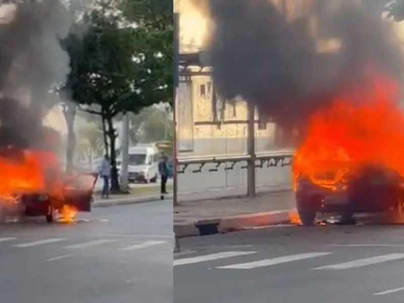Carro pega fogo no bairro do Comércio em Salvador