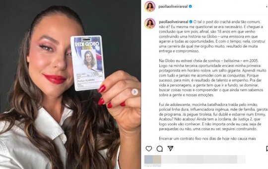 "Até já", diz Paolla Oliveira após romper contrato com a Rede Globo