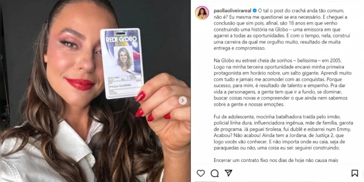 "Até já", diz Paolla Oliveira após romper contrato com a Rede Globo