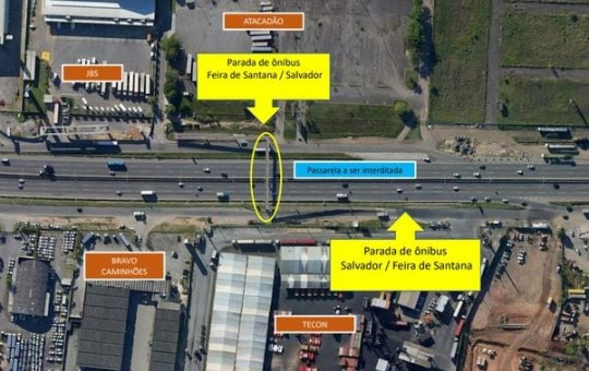 Passarela localizada na BR-324 é interditada nesta terça para ampliação