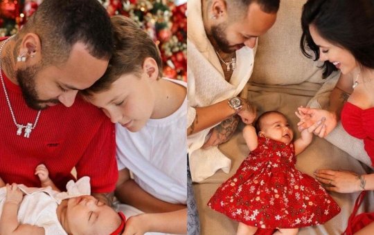Ao lado de Bruna Biancardi, Neymar exibe ensaio de Natal com filhos