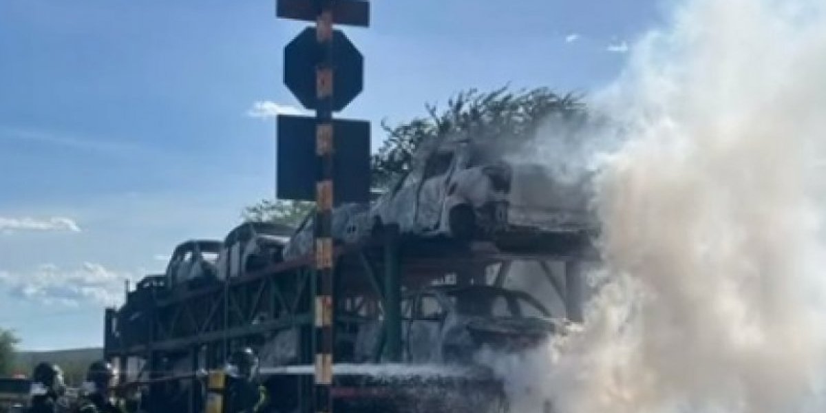 Caminhão cegonha carregado de carros pega fogo em rodovia na Bahia