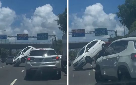 Carro cai de guincho e deixa trânsito travado na Avenida Paralela