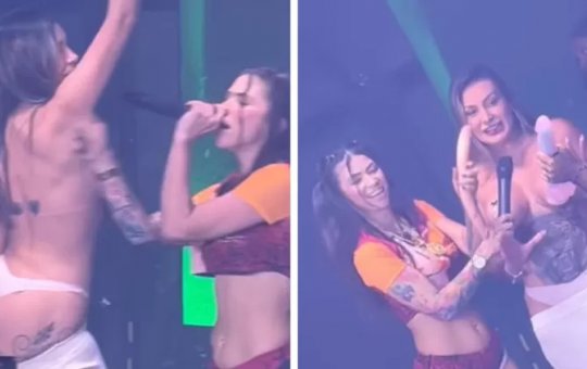 Andressa Urach tira a roupa em cima do palco e beija MC Pipoquinha durante show