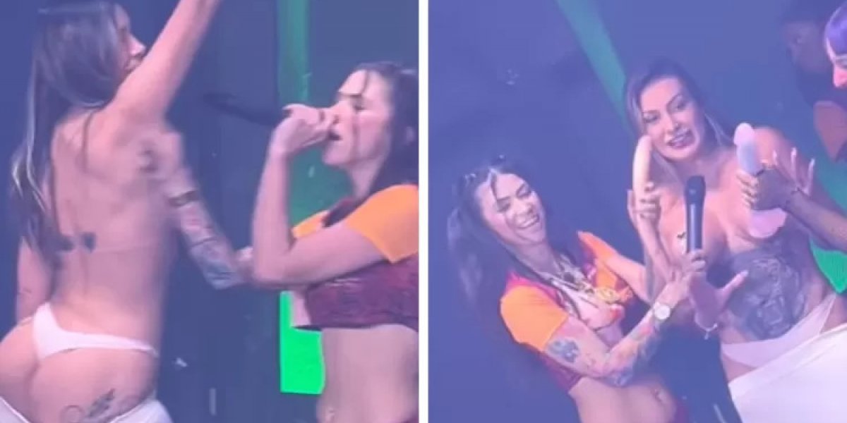 Andressa Urach tira a roupa em cima do palco e beija MC Pipoquinha durante show