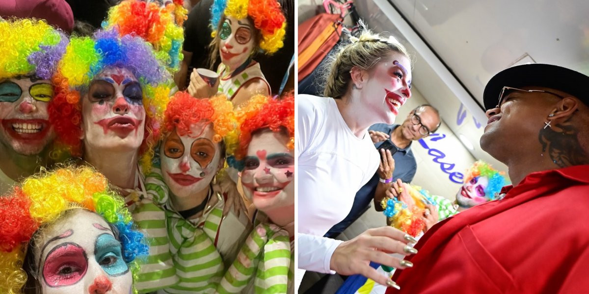 Fantasiada de palhaço, Lore Improta curte o Pipoco