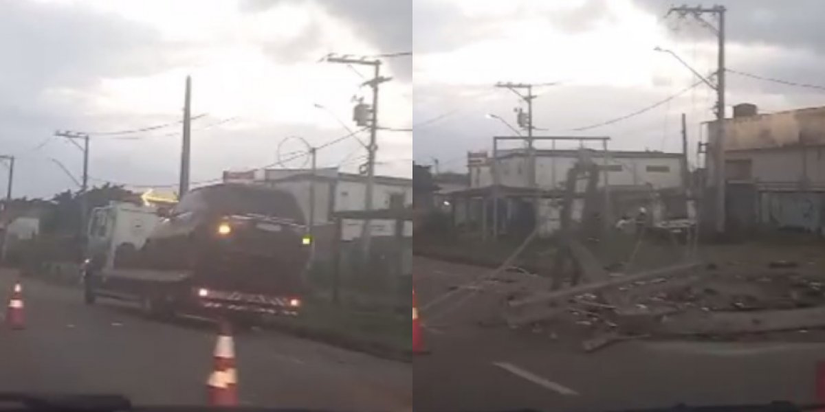 Carro luxuoso derruba poste e interdita via da Estrada do Coco