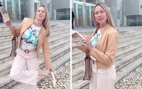 Luana Piovani protesta em tribunal após audiência contra Pedro Scooby