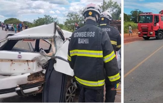 Vítima de acidente é retirada de ferragens de carro por bombeiros na Bahia