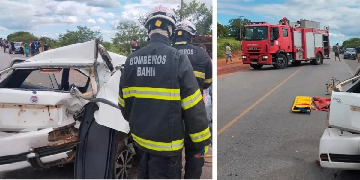 Vítima de acidente é retirada de ferragens de carro por bombeiros na Bahia