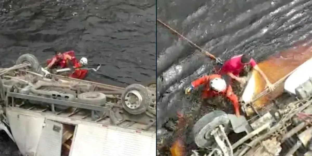 Motorista morre após carreta tombar e cair em rio às margens da rodovia