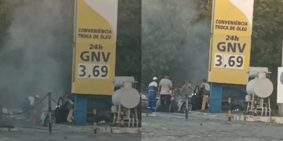 Carro pega fogo em posto de gasolina na Avenida Paralela