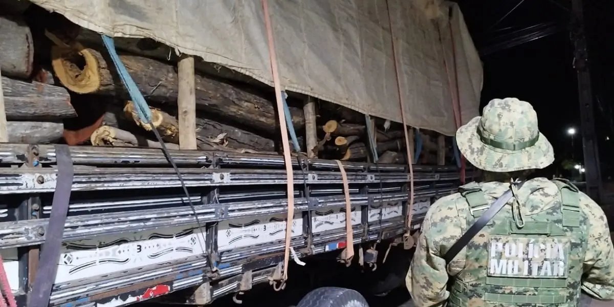 Caminhão que realizava transporte de madeira irregular é flagrado pela PM