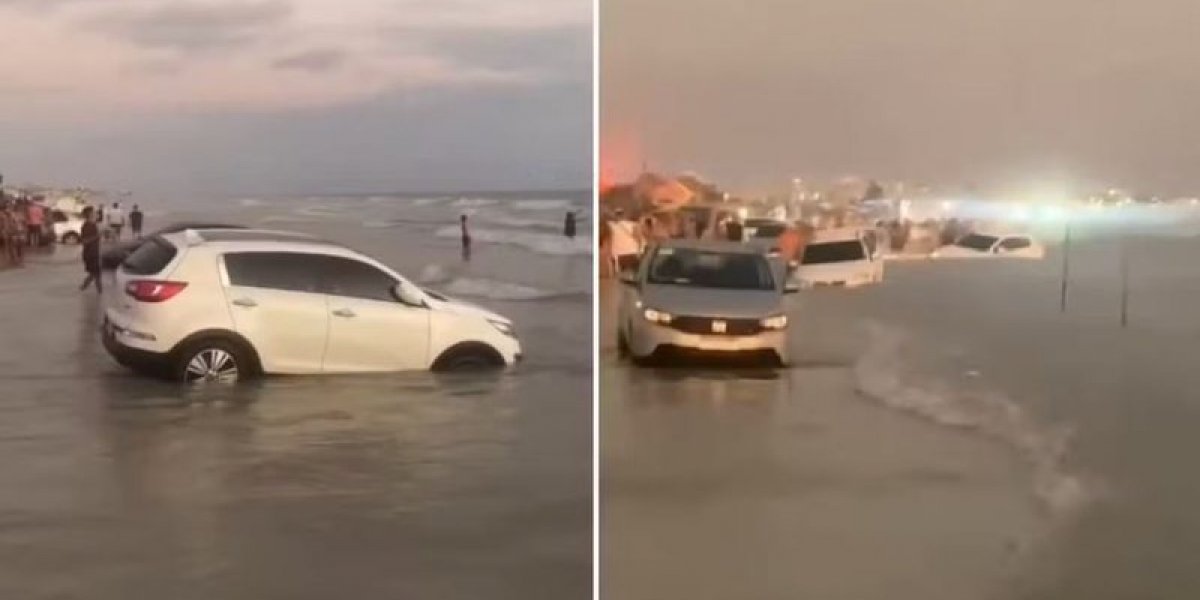 Carros são arrastados pelo mar em praia do litoral, no Pará