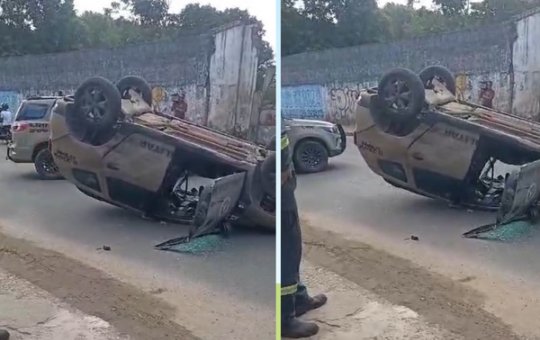 Viatura da PM capota em Salvador após colisão com outro veículo