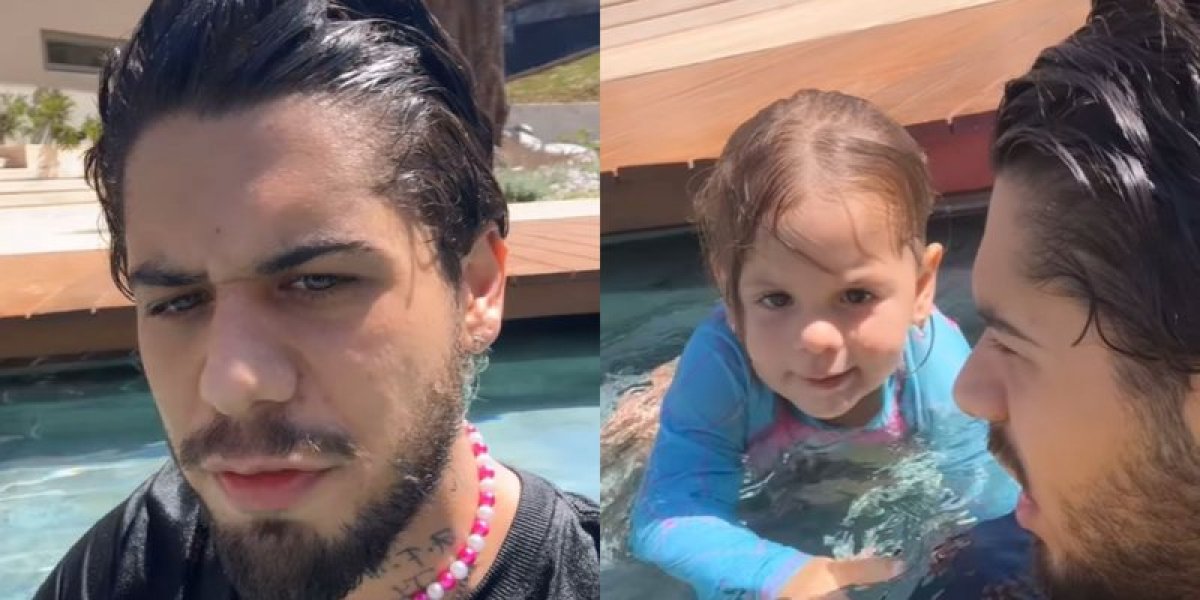 Zé Felipe pula de roupa e tudo em piscina para salvar a filha de afogamento