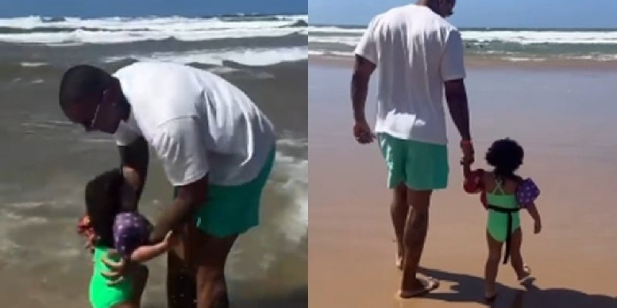 Léo Santana curte dia de praia com a filha Liz