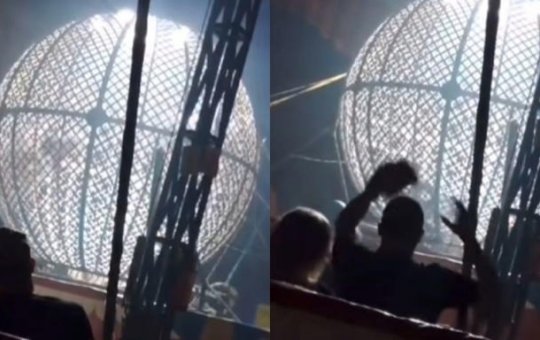 Motociclistas se ferem ao colidirem dentro do "globo da morte" em Santa Catarina