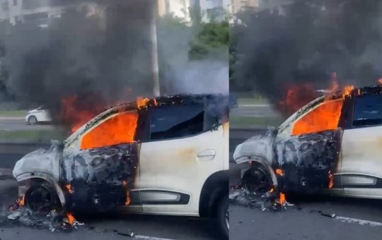Carro pega fogo na Avenida Paralela