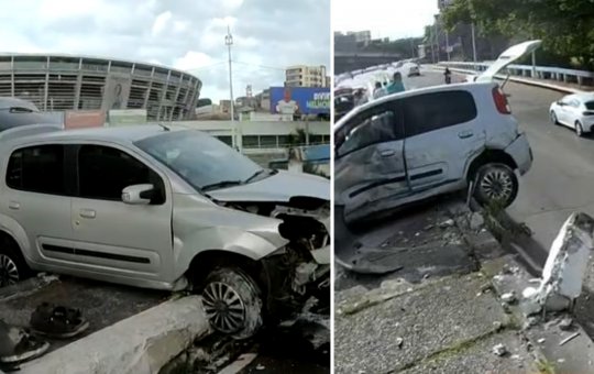 Carro quebra mureta e fica pendurado em viaduto próximo à Arena Fonte Nova