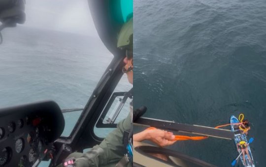 Helicóptero do Graer resgata duas pessoas que estavam à deriva em caiaque na Barra