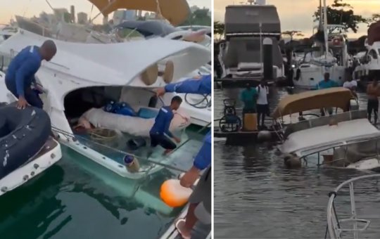 Lancha afunda parcialmente na Bahia Marina e é retirada do píer