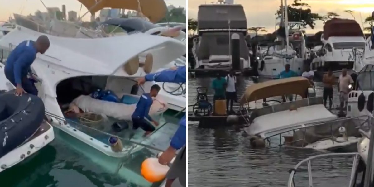 Lancha afunda parcialmente na Bahia Marina e é retirada do píer