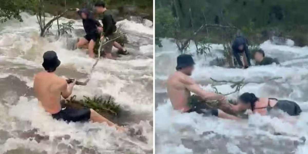 Turistas enfrentam cabeça d'água na Chapada dos Veadeiros e se seguram em pedras para não serem arrastados