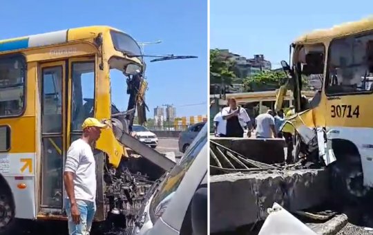 Ônibus desgovernado colide com mureta e deixa feridos na Fazenda Grande do Retiro