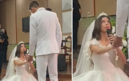 Noiva se ajoelha para marido em pleno altar e vídeo viraliza