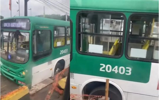 Ônibus fica preso em buraco durante obras na Avenida ACM